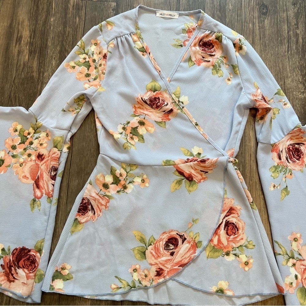 Miley+Molly Floral Blue Peplum Tied up Top Blouse Long Flare Sleeve Summer Y2K S - Picture 4 of 13